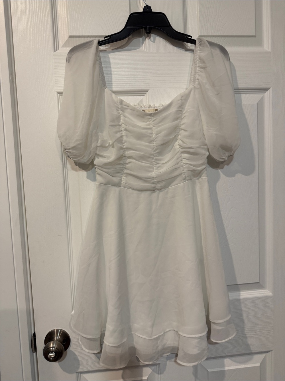 Altar'd State Ivory Puff Sleeve Ruched Mini Dress